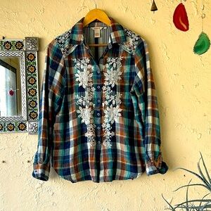Sundance Plaid Embroidered Blouse 🌻 size Small